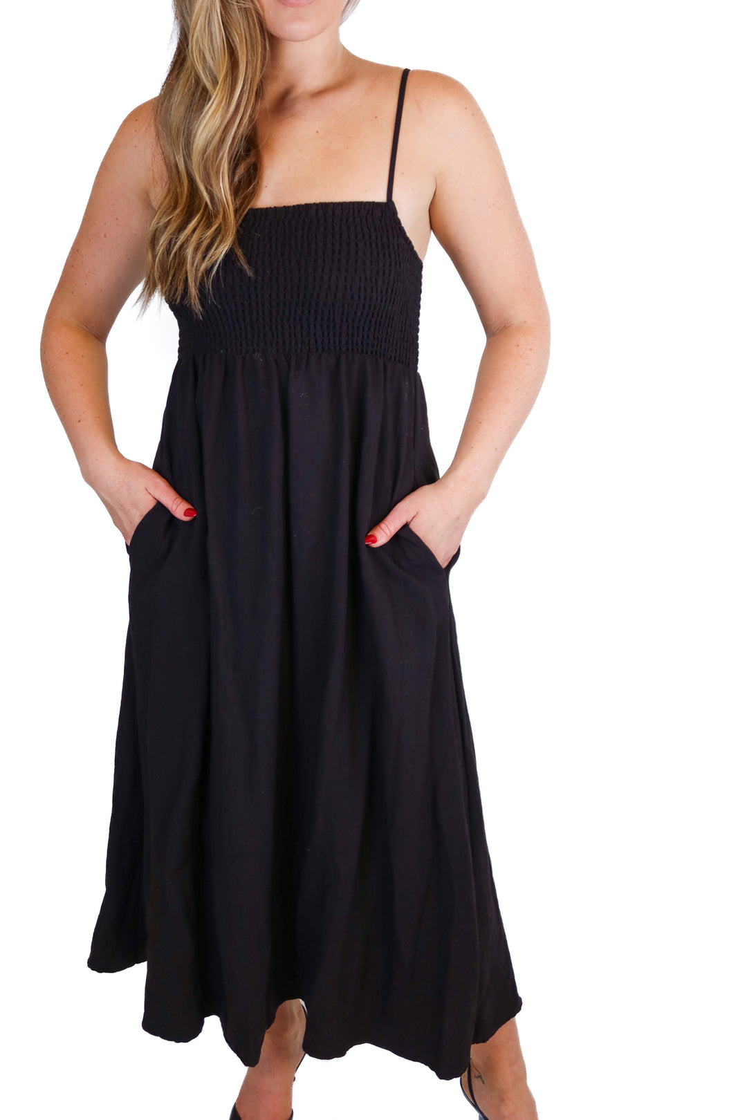 Z Supply black smocked bust midi dress (S; retail $99)