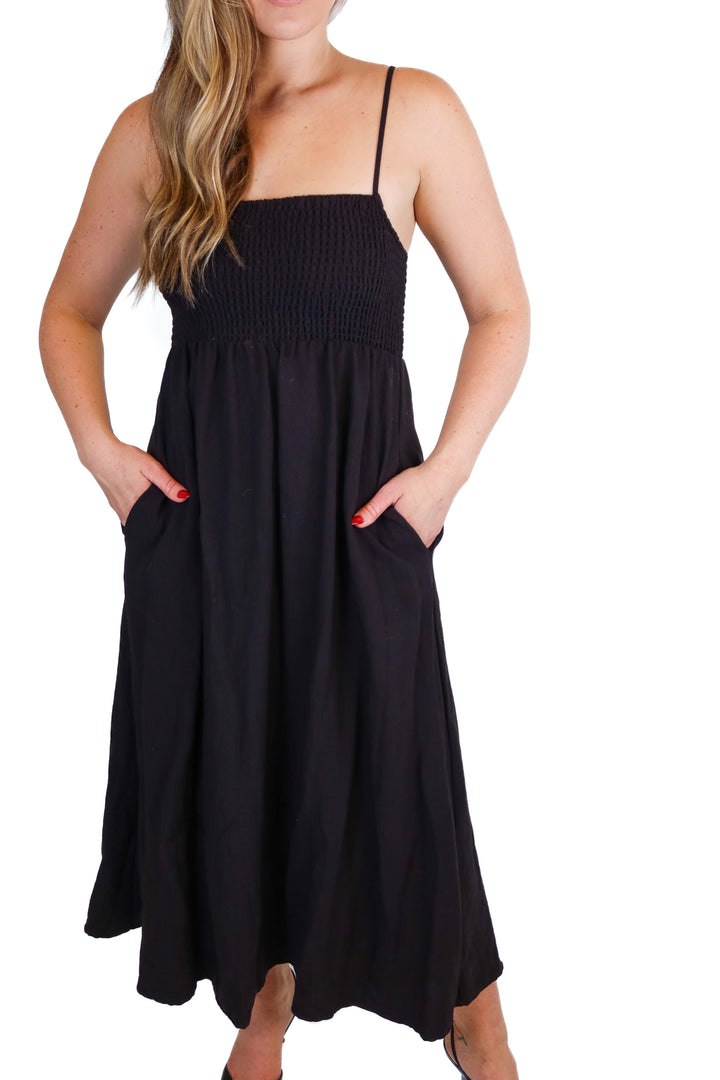 Z Supply black smocked bust midi dress (S; retail $99)