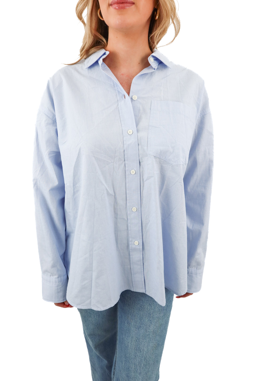 j. crew blue oversized button down top (S; retail $148)