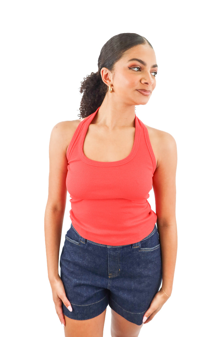 pilcro red ribbed halter top (s; retail $38)