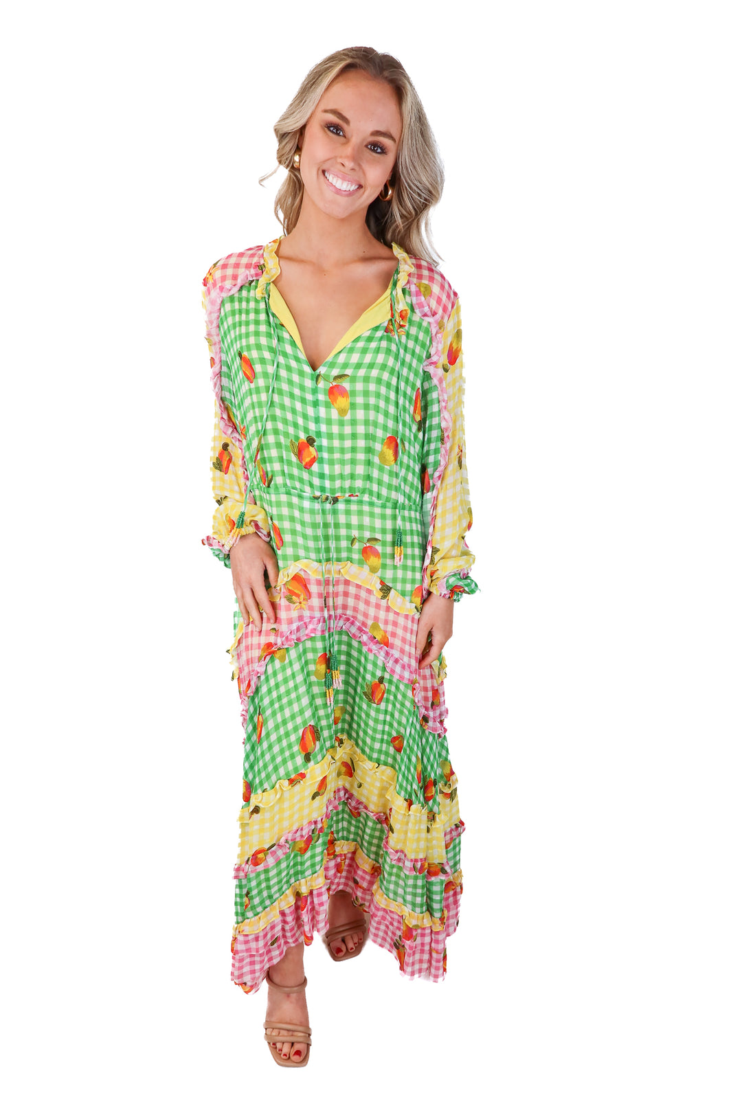 farm rio checkered tiered maxi dress (s; retail $280)