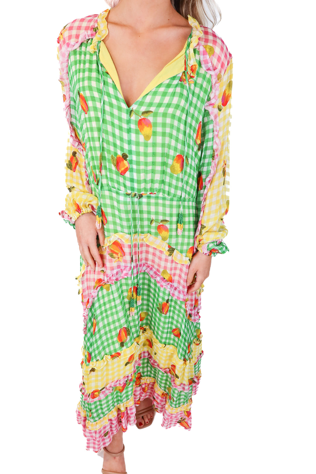 farm rio checkered tiered maxi dress (s; retail $280)