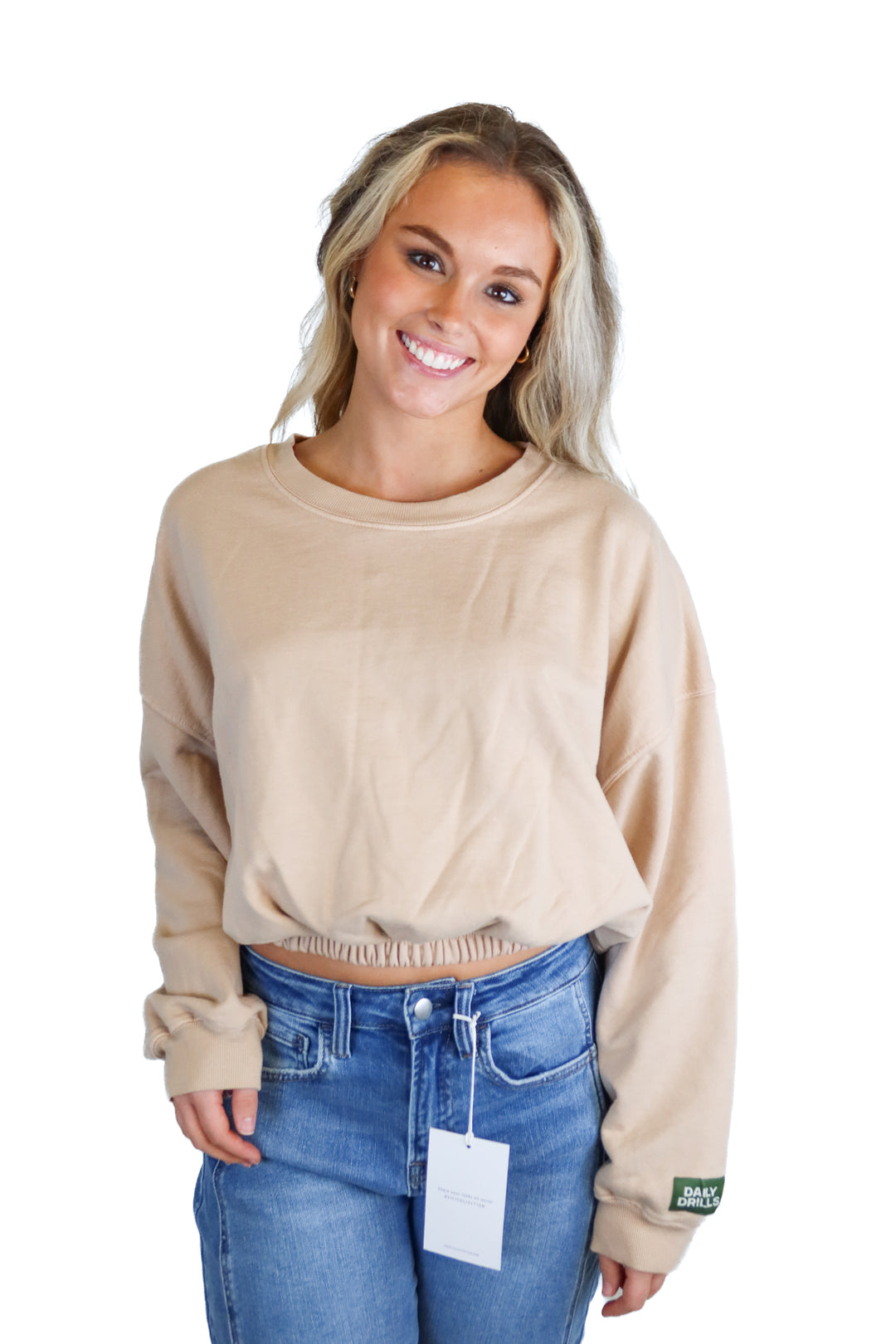 daily drills taupe cinched crewneck (xs/s; retail $125)