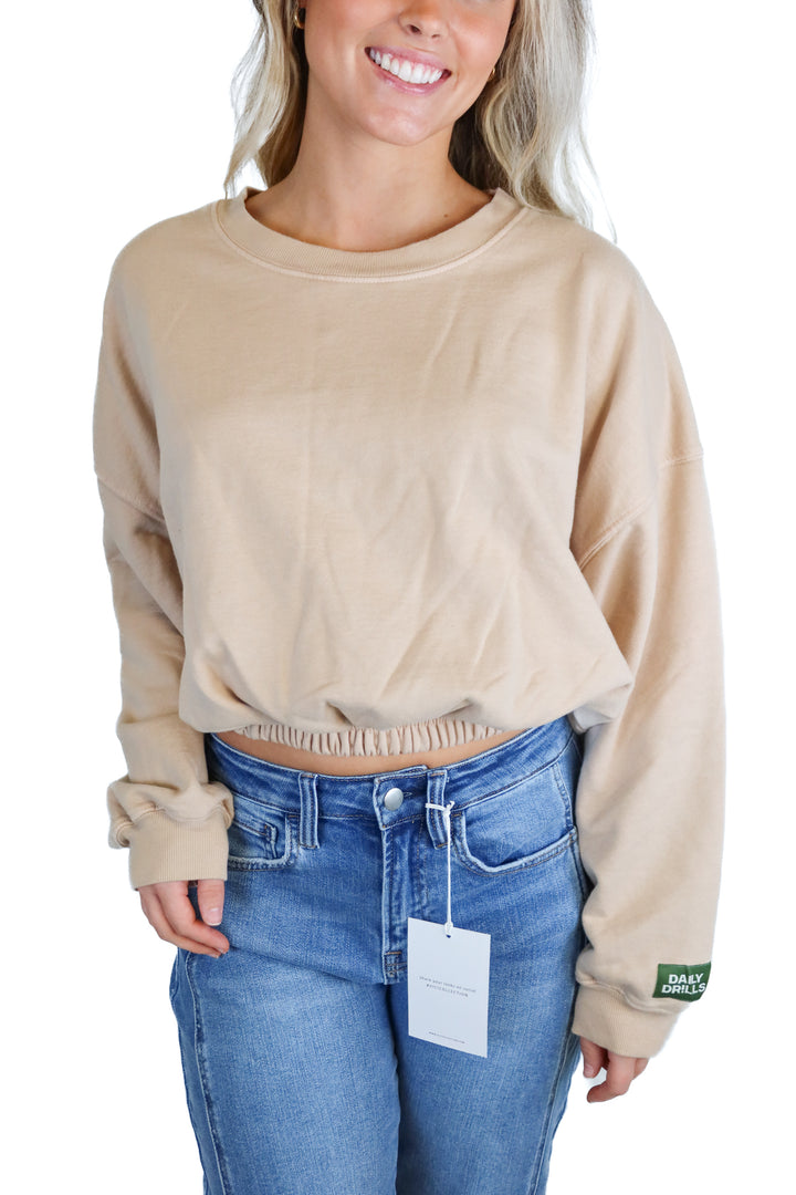 daily drills taupe cinched crewneck (xs/s; retail $125)