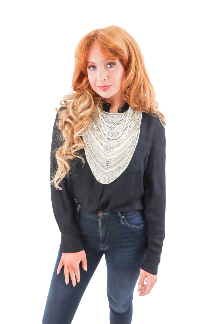 Haute Hippie crystal and faux pearl bib necklace (O/S; retail $895)