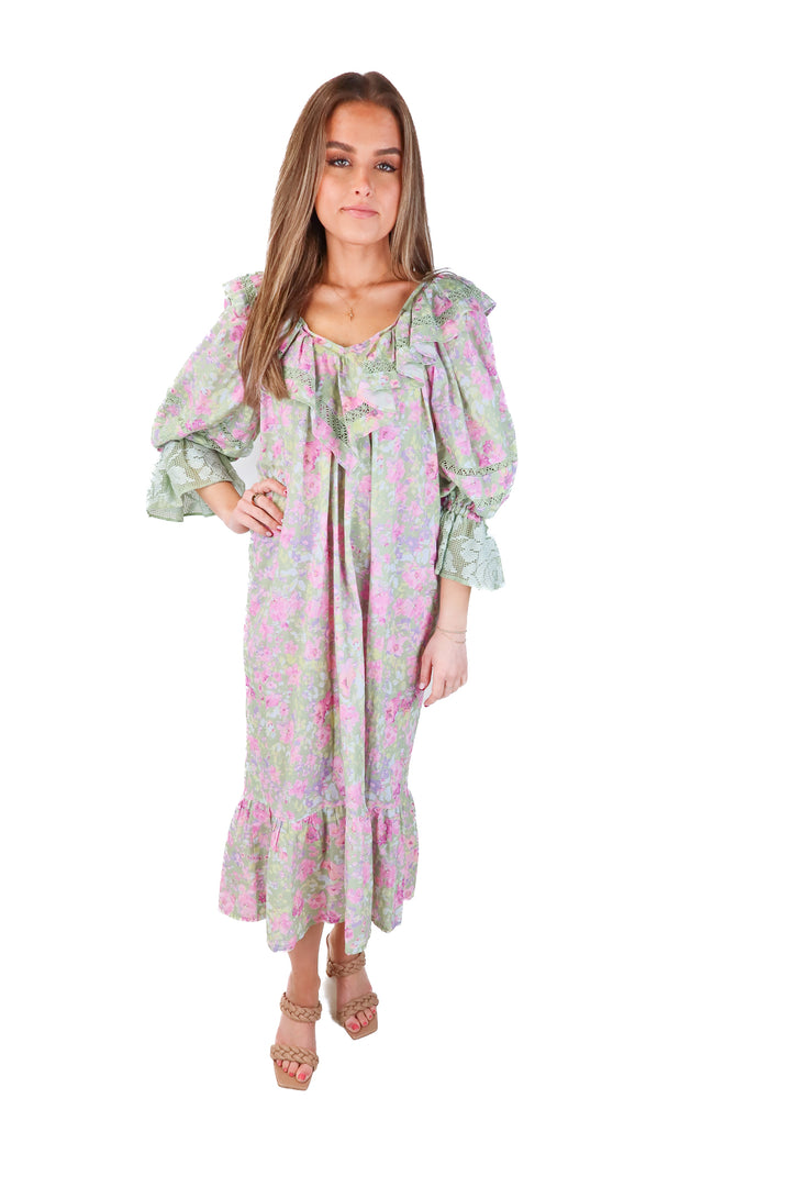 mi golondrina green/pink ruffle dress (xs)