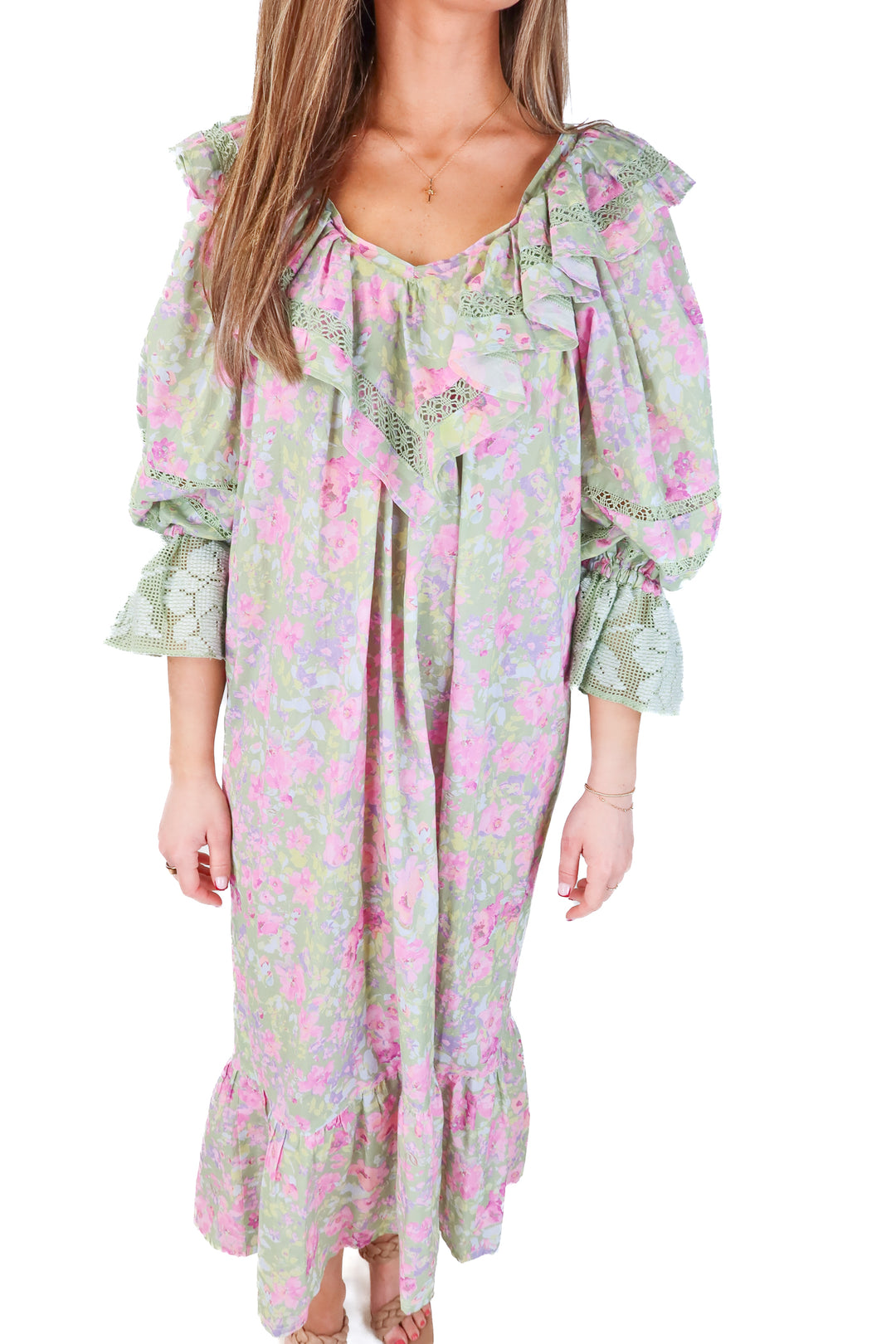 mi golondrina green/pink ruffle dress (xs)