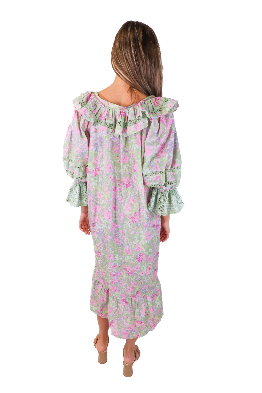 mi golondrina green/pink ruffle dress (xs)
