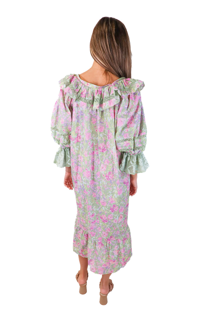 mi golondrina green/pink ruffle dress (xs)