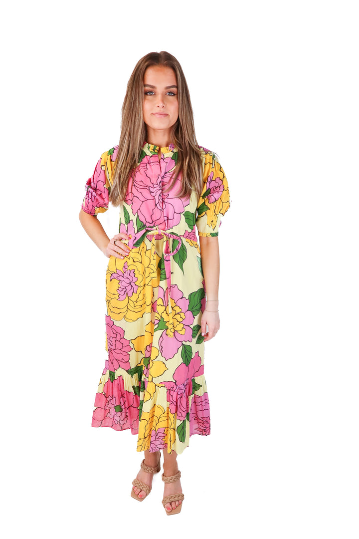 banjanan yellow large floral maxi dress (xs; retail $310)