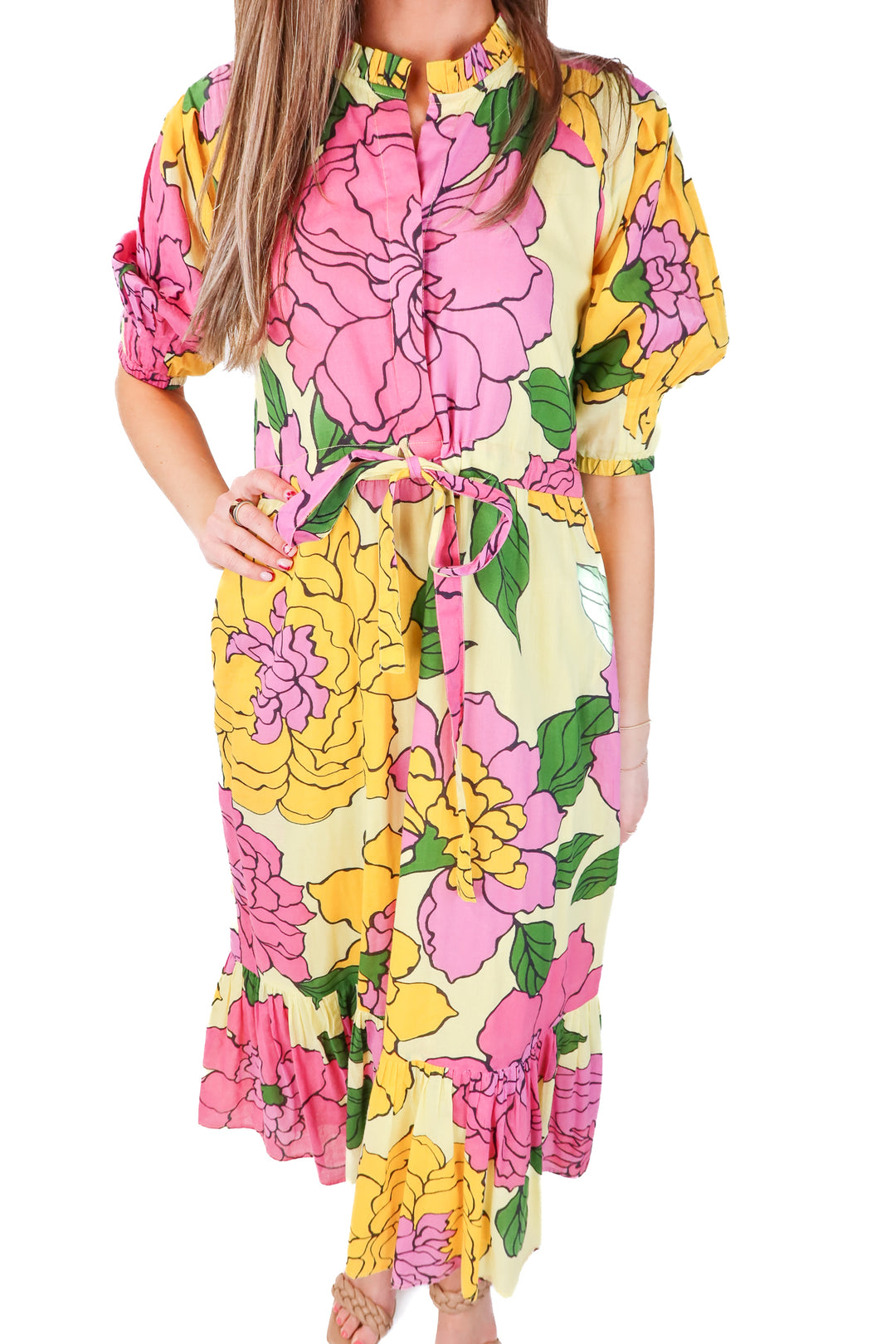 banjanan yellow large floral maxi dress (xs; retail $310)