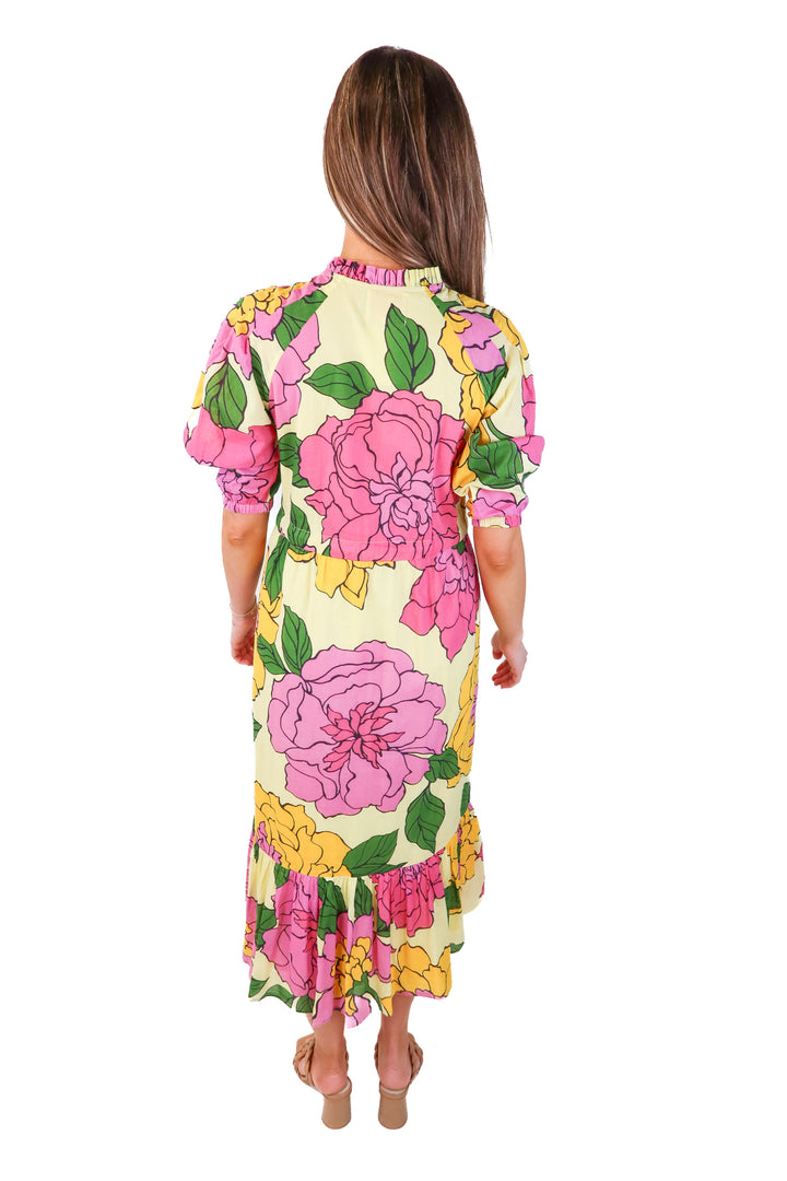 banjanan yellow large floral maxi dress (xs; retail $310)