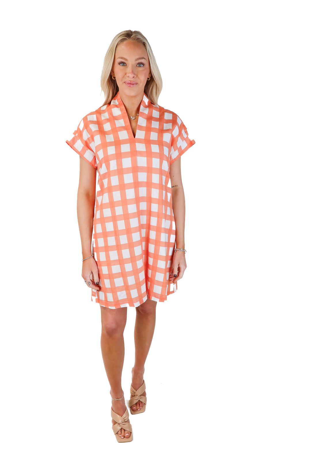 brooke wright peach checkered dress (s)