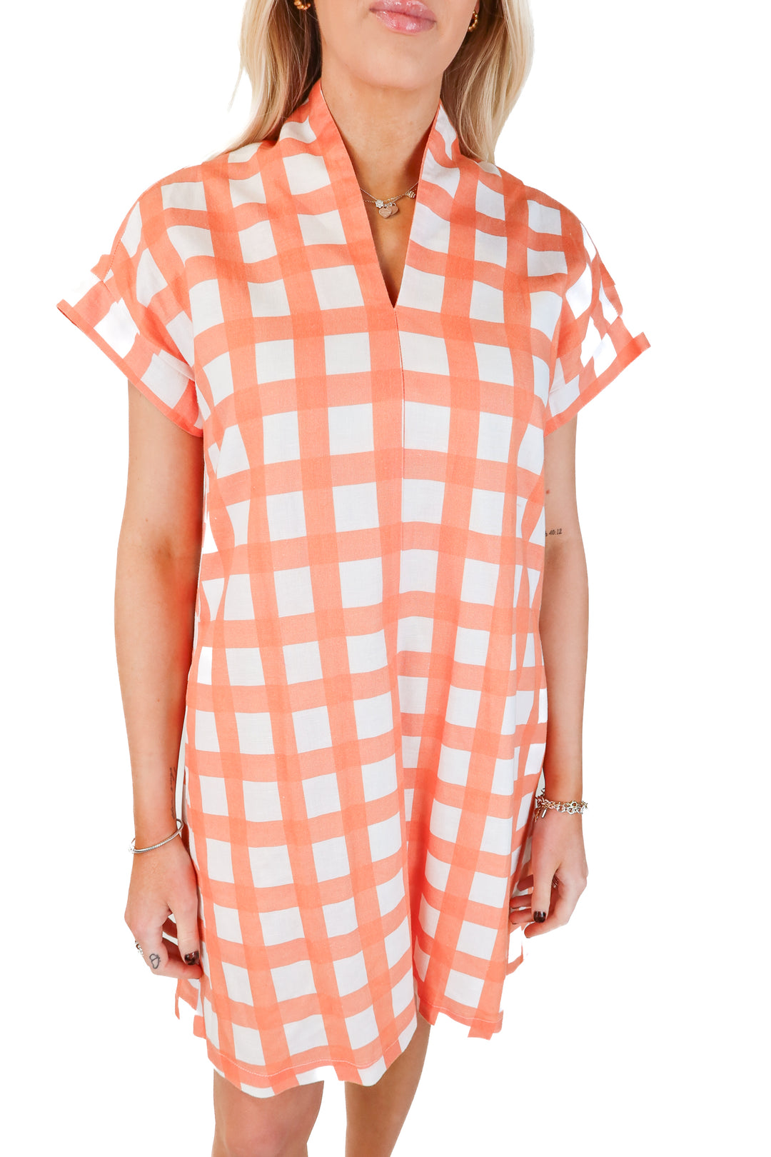 brooke wright peach checkered dress (s)