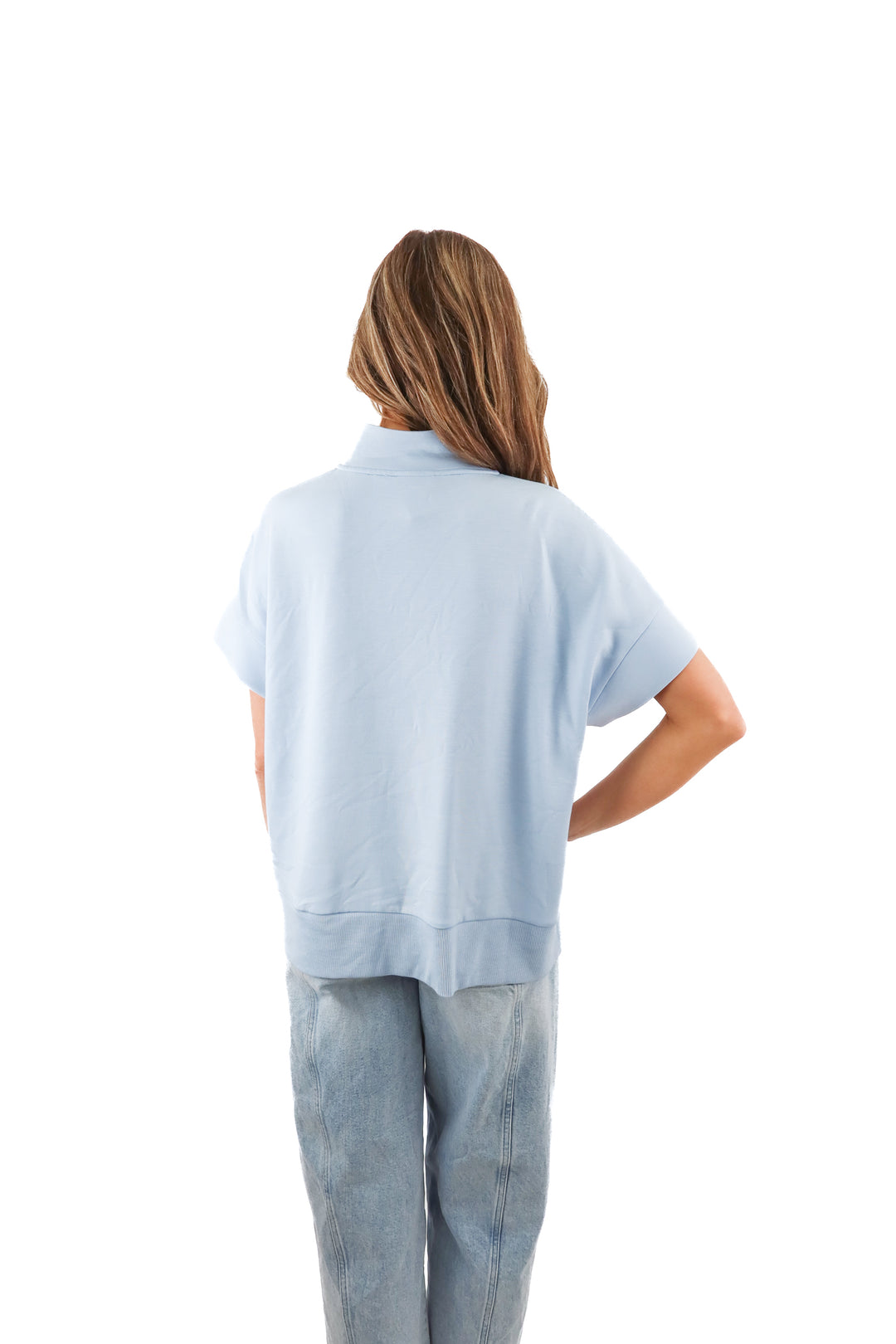 varley doublesoft blue half zip short sleeve top (S; retail $138)