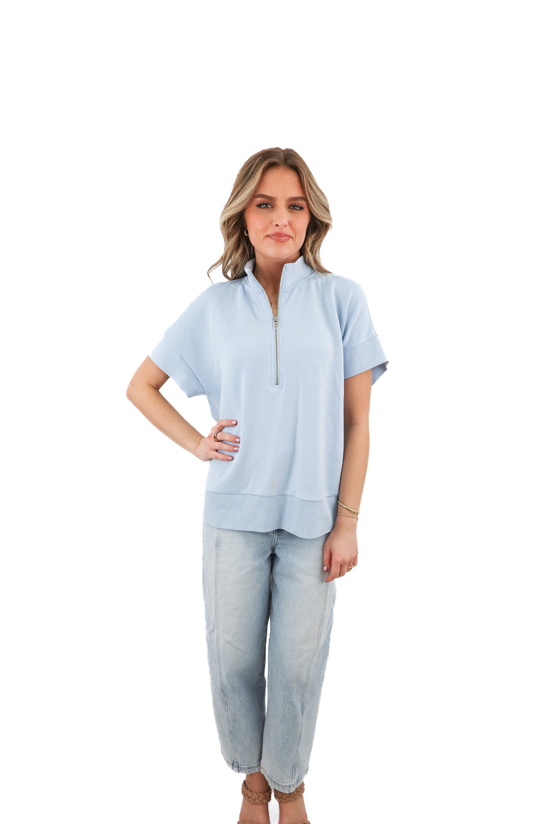 varley doublesoft blue half zip short sleeve top (S; retail $138)