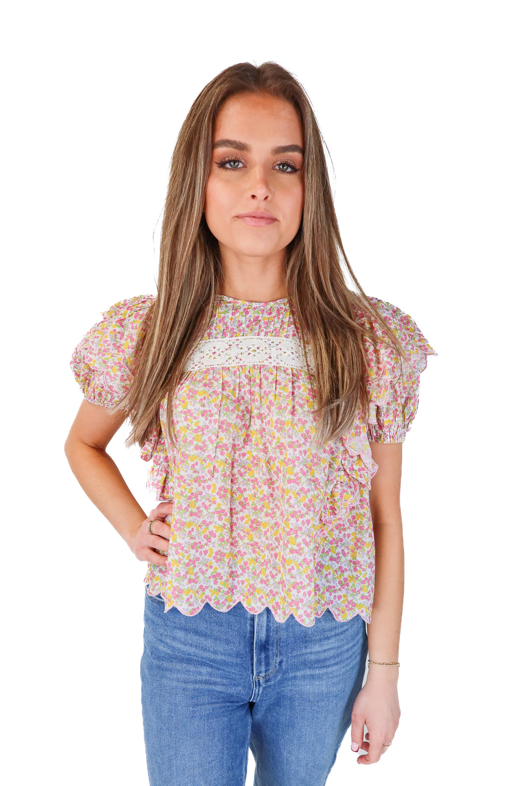 SOLD love shack fancy pink floral scalloped top (s; retail $275)