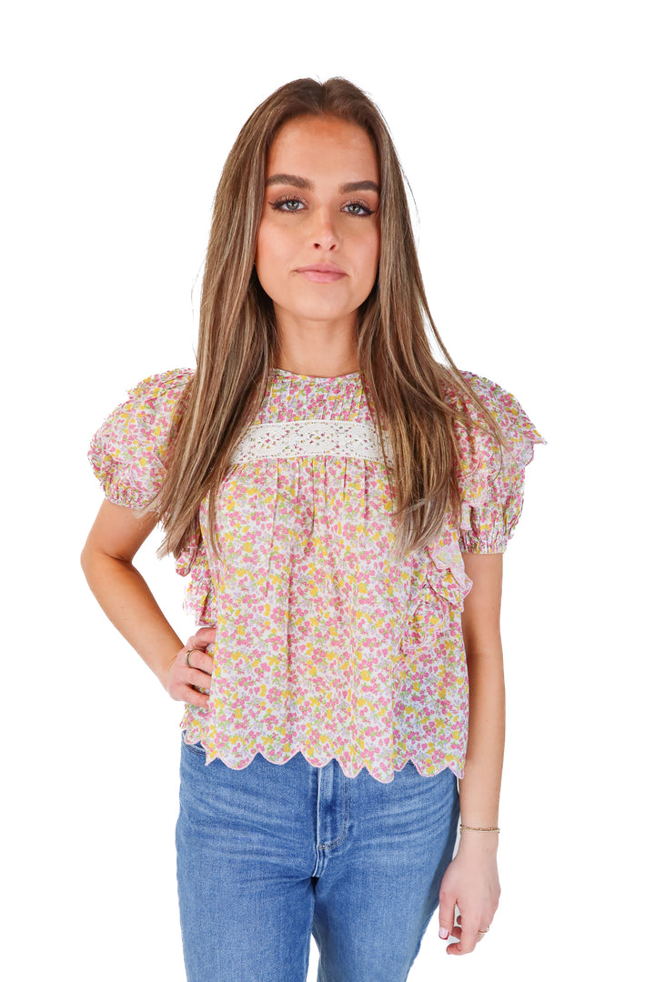 SOLD love shack fancy pink floral scalloped top (s; retail $275)