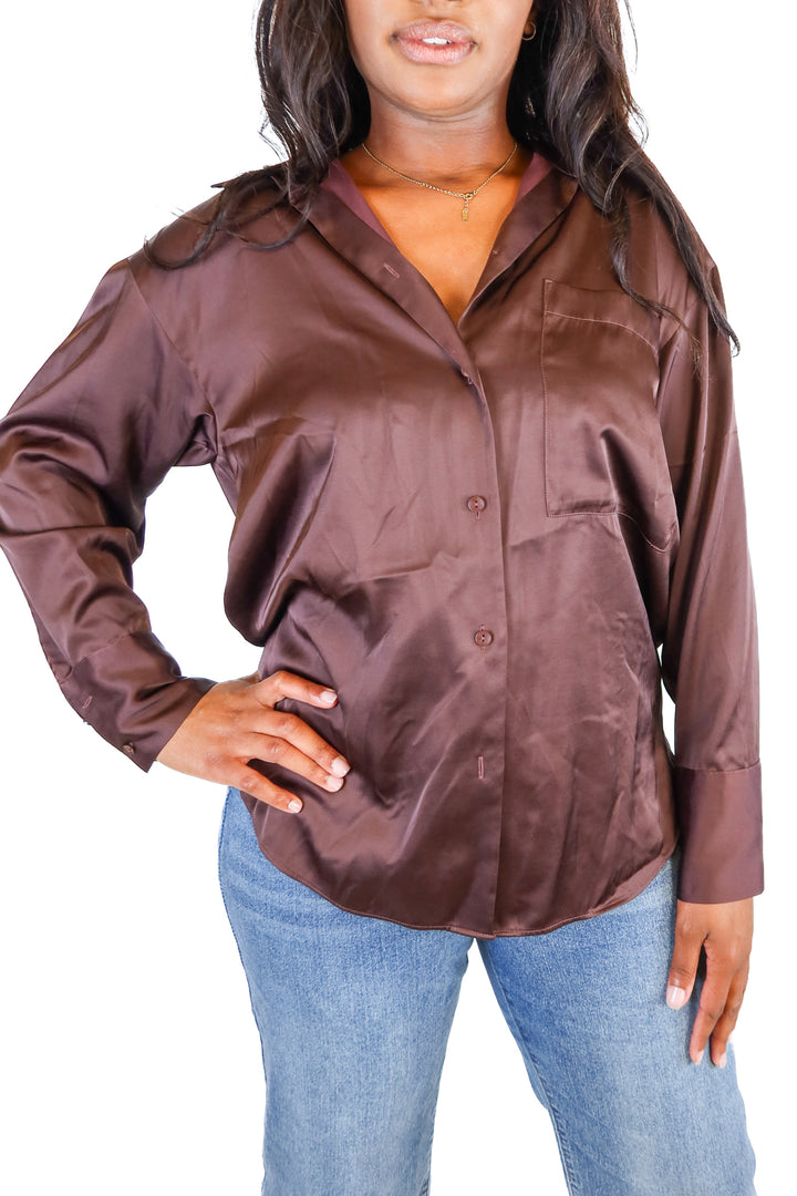 abercrombie & fitch brown satin button up (s)