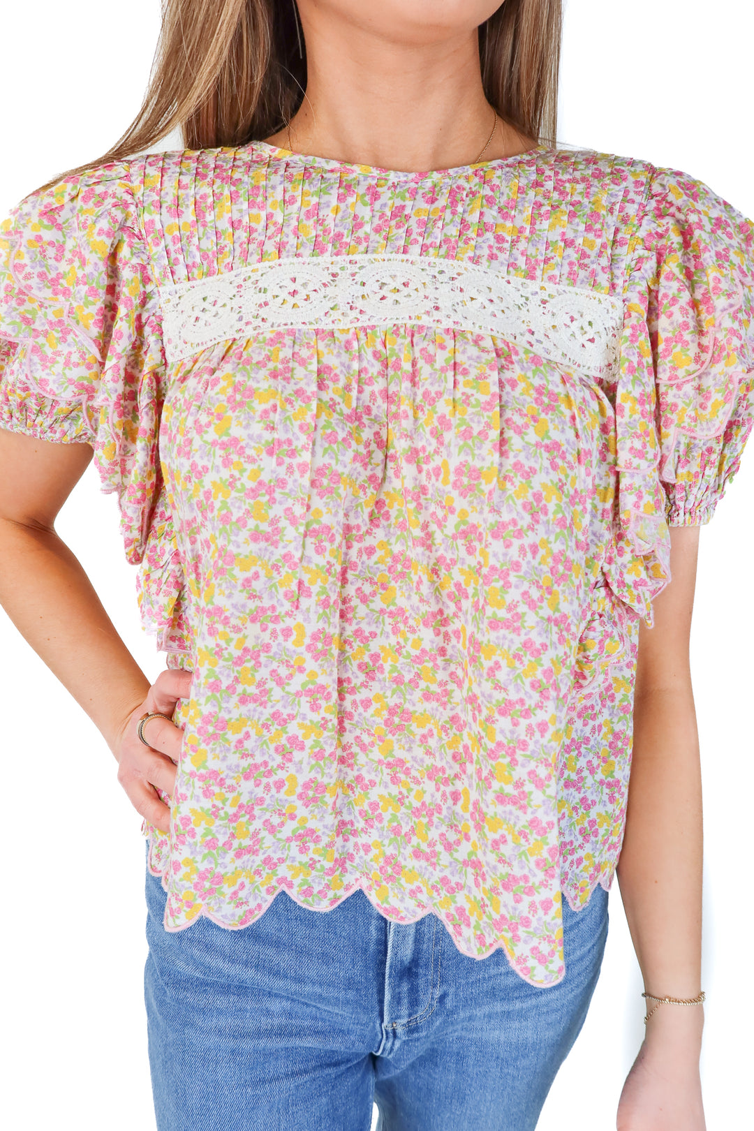 SOLD love shack fancy pink floral scalloped top (s; retail $275)