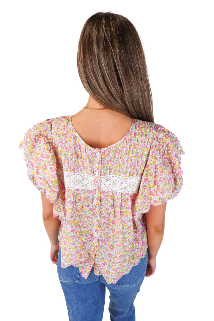 SOLD love shack fancy pink floral scalloped top (s; retail $275)