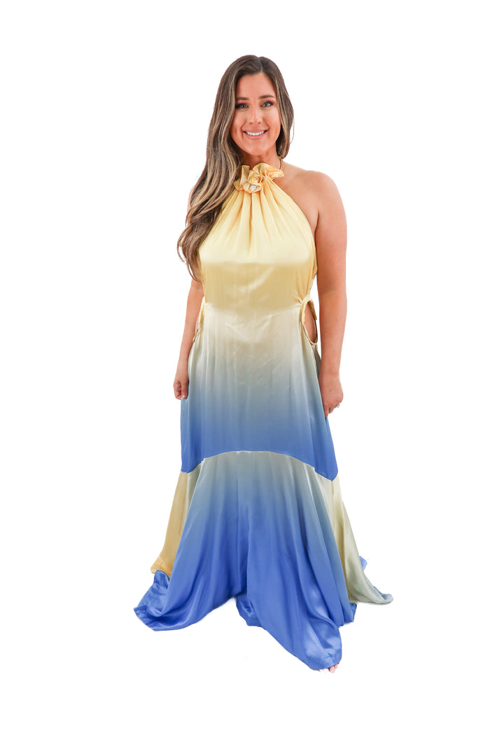 cult gaia yellow/blue ombre maxi dress (l)