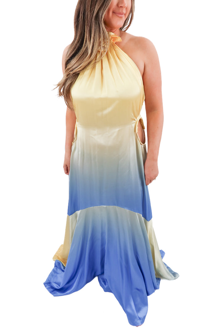 cult gaia yellow/blue ombre maxi dress (l)