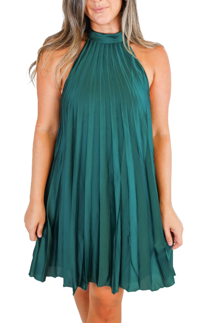 Abercrombie Dark Green Pleated Satin Halter Dress (S Tall; retail $120)