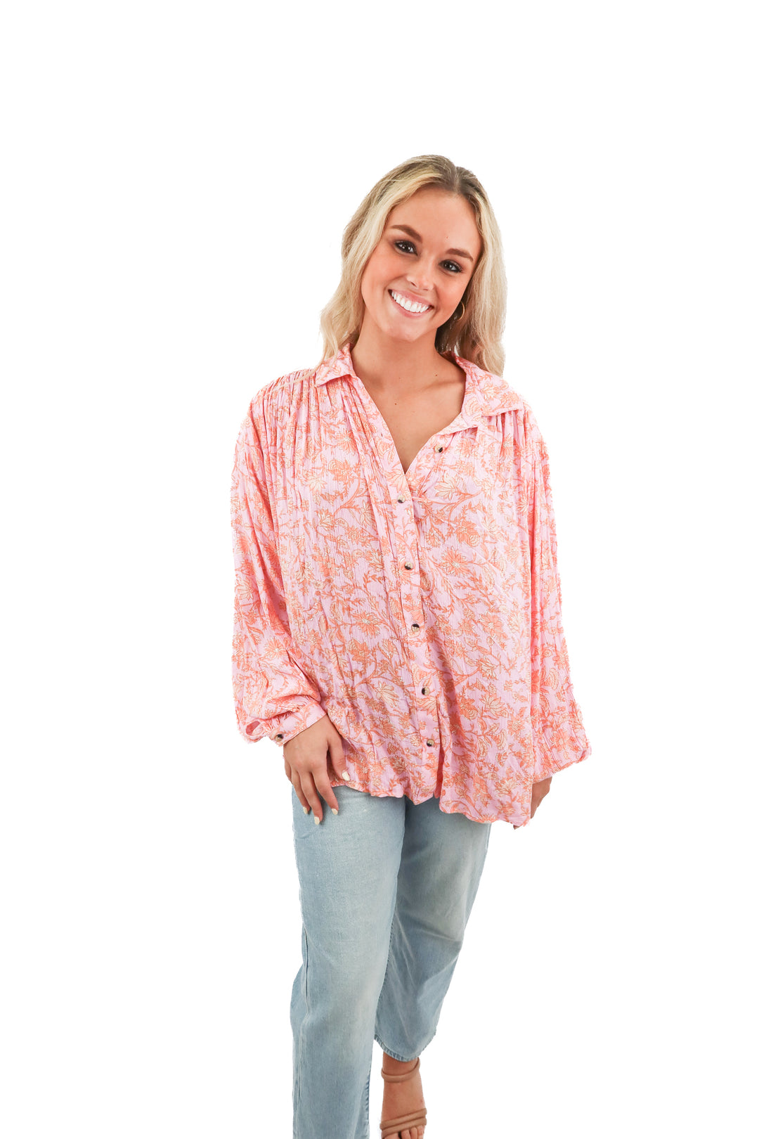 billa bong pink floral button up top (s; retail $70)
