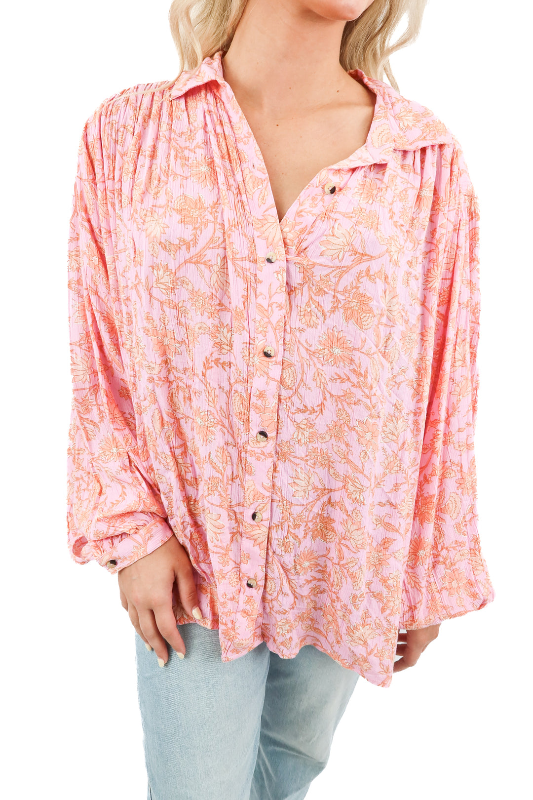 billa bong pink floral button up top (s; retail $70)