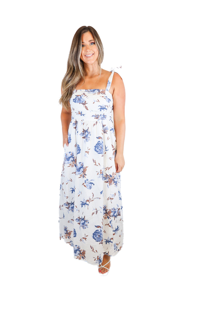 abercrombie white/blue/brown maxi dress (xs; retail $130)