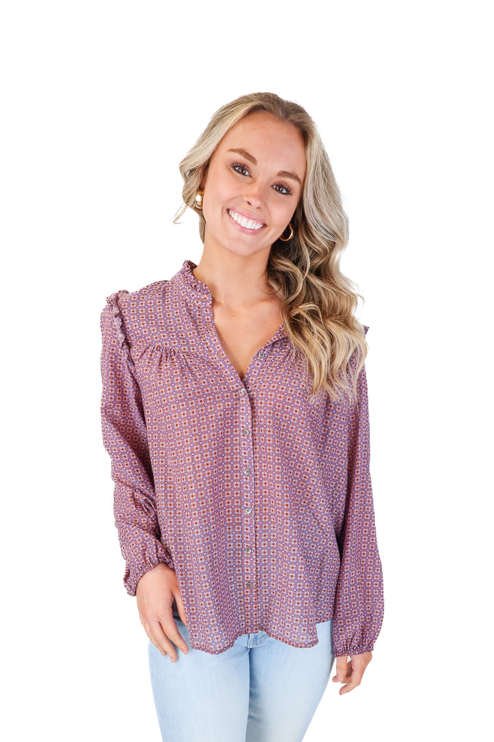 xirena purple printed blouse (s; retail $210)