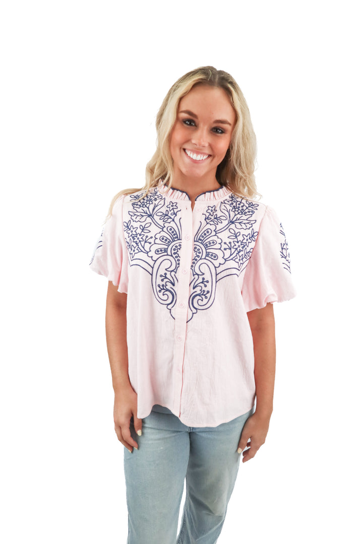 avara pink/blue stitched blouse NWT (s; retail $68)