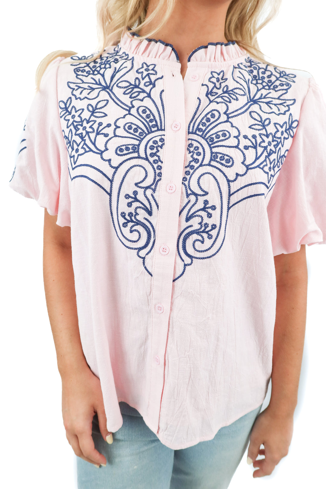 avara pink/blue stitched blouse NWT (s; retail $68)