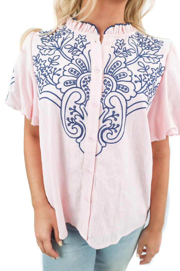 avara pink/blue stitched blouse NWT (s; retail $68)
