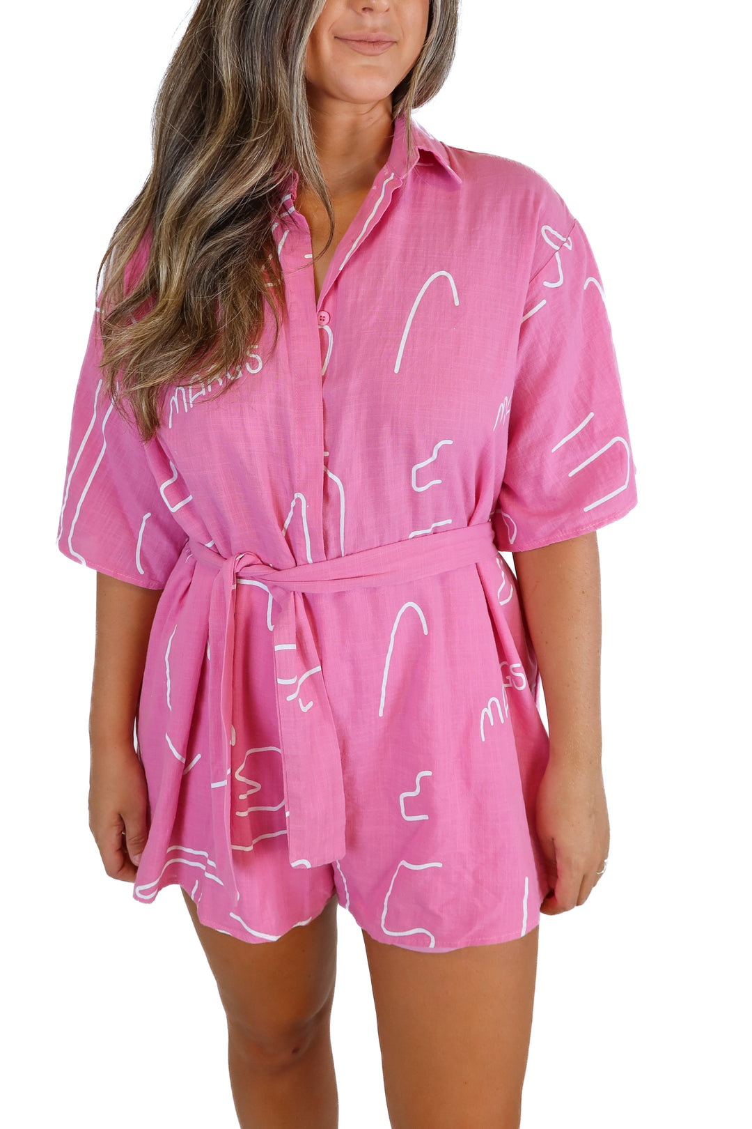 petal + pup pink abstract romper (m)