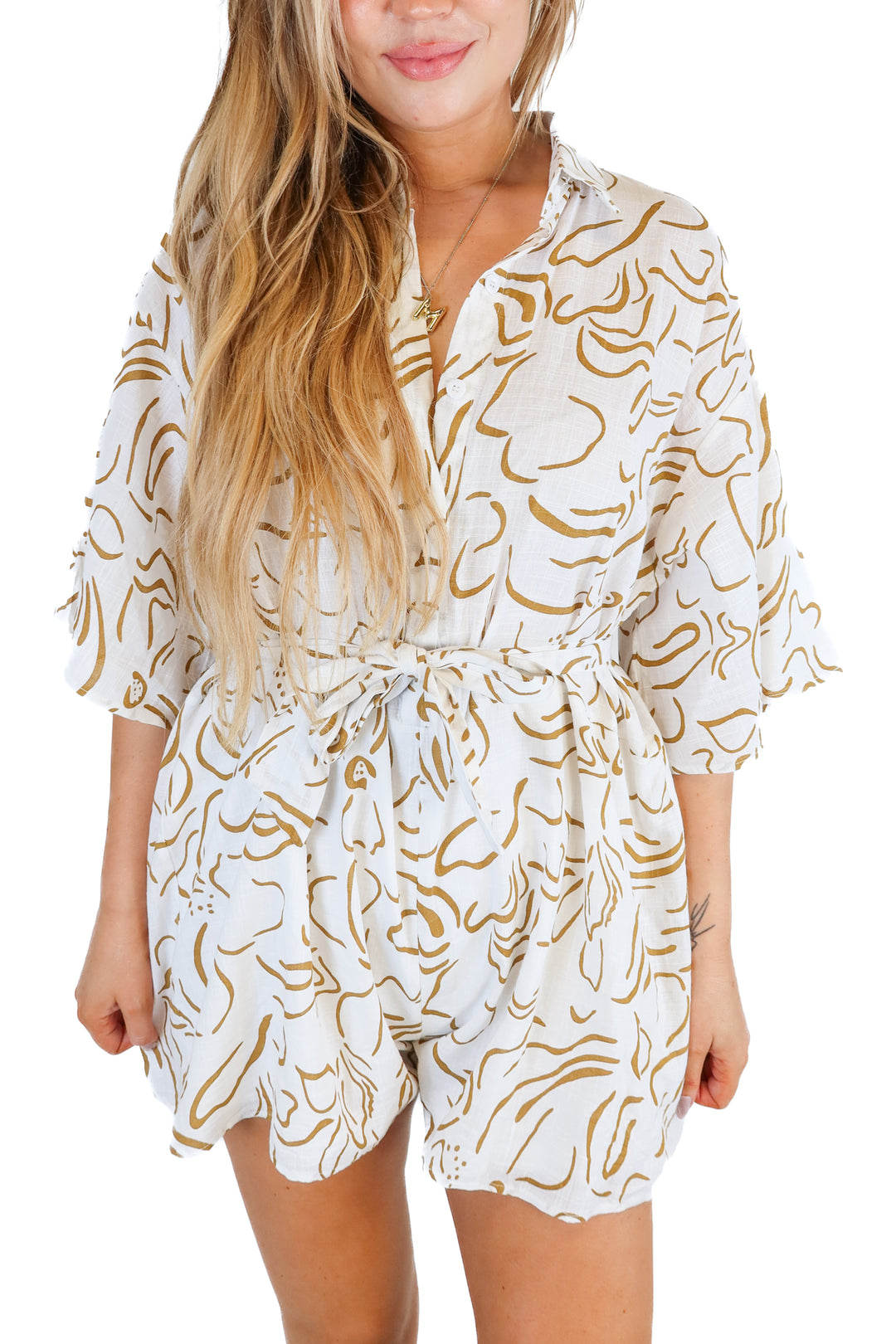 Petal + Pup Brown/White Floral Print Linen Romper (M)