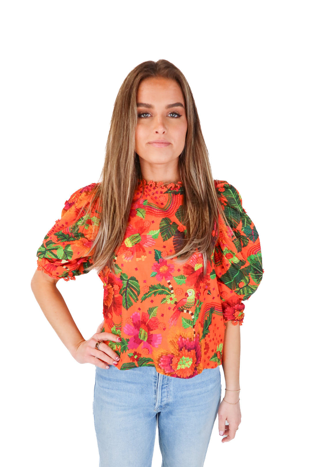 SOLD farm rio orange puff sleeve blouse (s; retail $170)