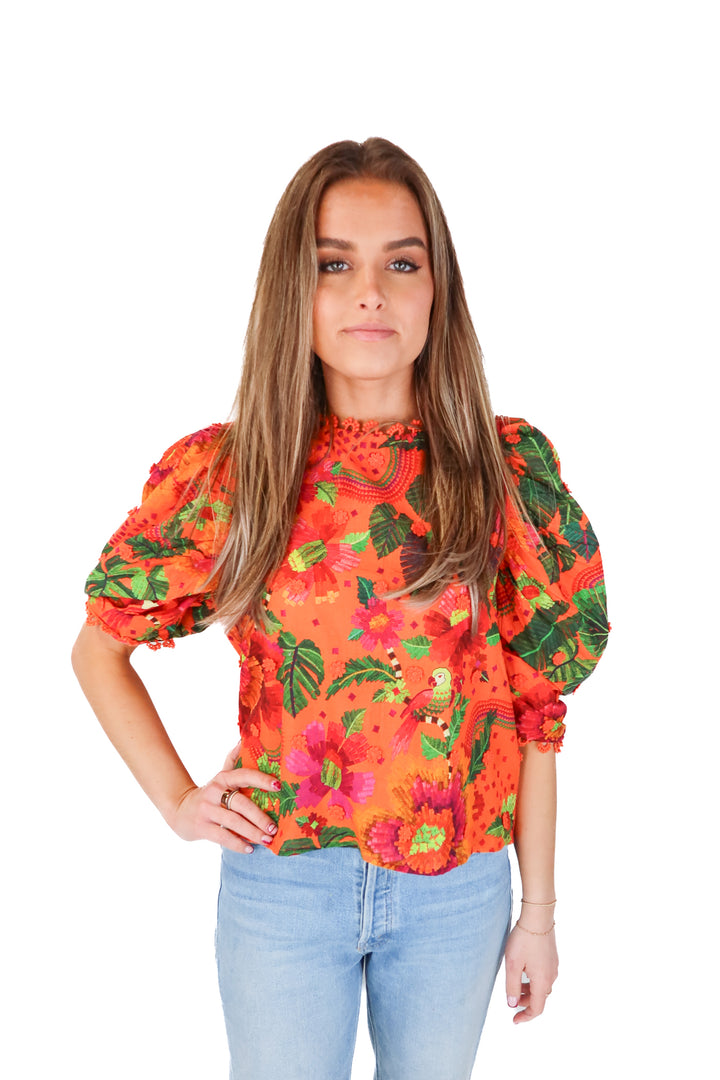 SOLD farm rio orange puff sleeve blouse (s; retail $170)