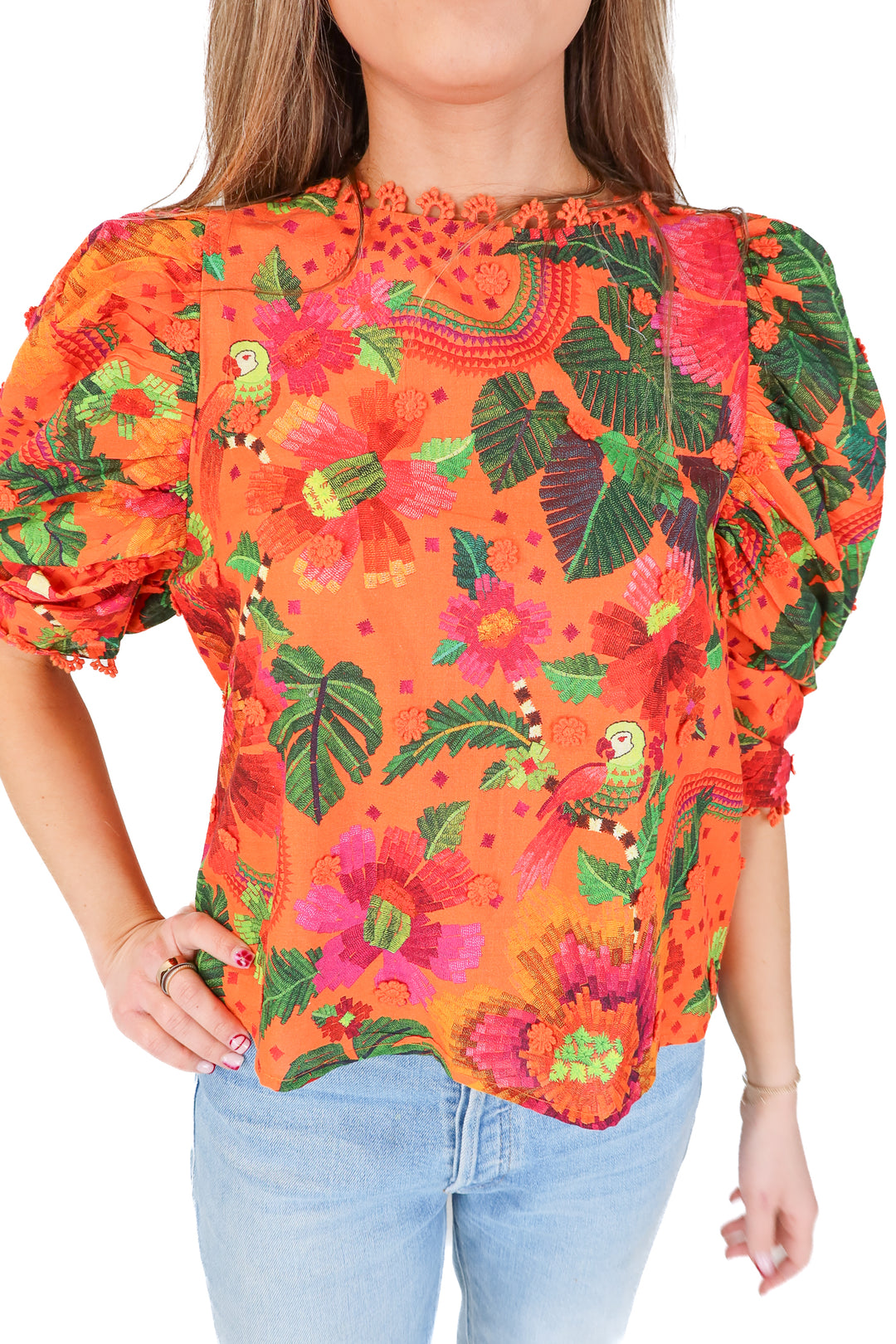 SOLD farm rio orange puff sleeve blouse (s; retail $170)