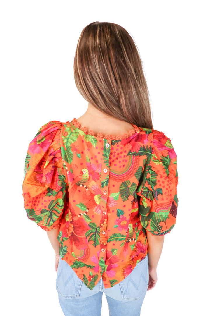 SOLD farm rio orange puff sleeve blouse (s; retail $170)