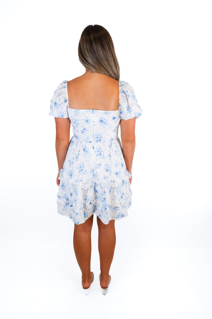 Altar'd State White/Blue Floral Ruffle Dress (M)