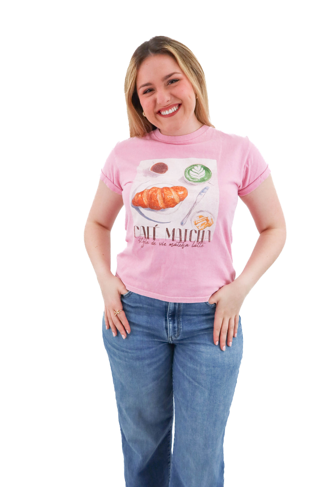 anthropologie pink cafe matcha tee (m; retail $39)