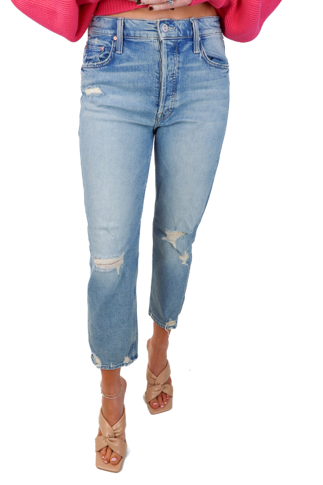 SOLD: mother light wash distressed jeans (28; retail $248)