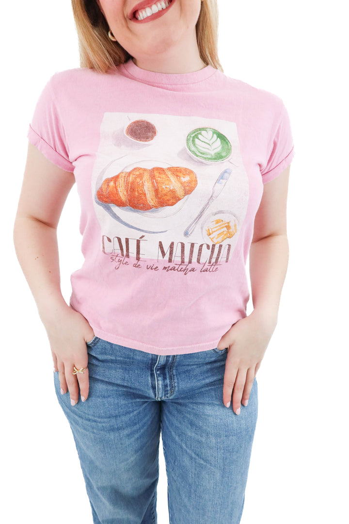 anthropologie pink cafe matcha tee (m; retail $39)