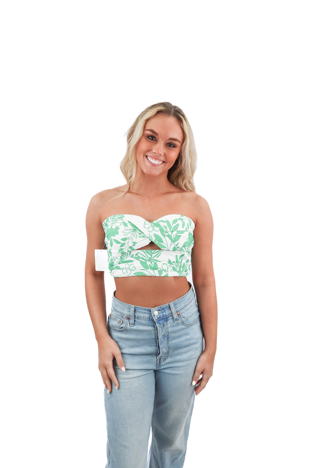 pink lily green floral tube top (s)