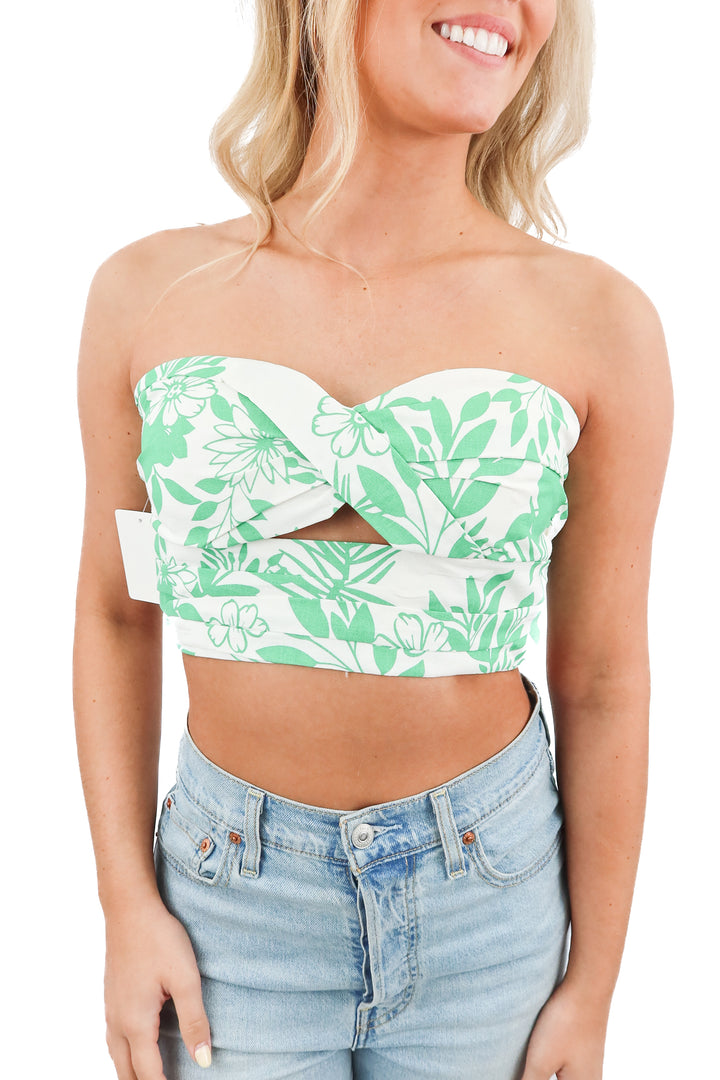 pink lily green floral tube top (s)