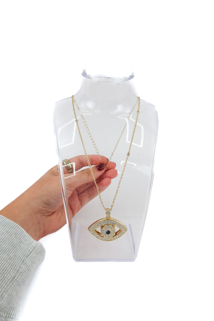je t'aime by patti stanger large gold crystal eye necklace NWT (retail $100)