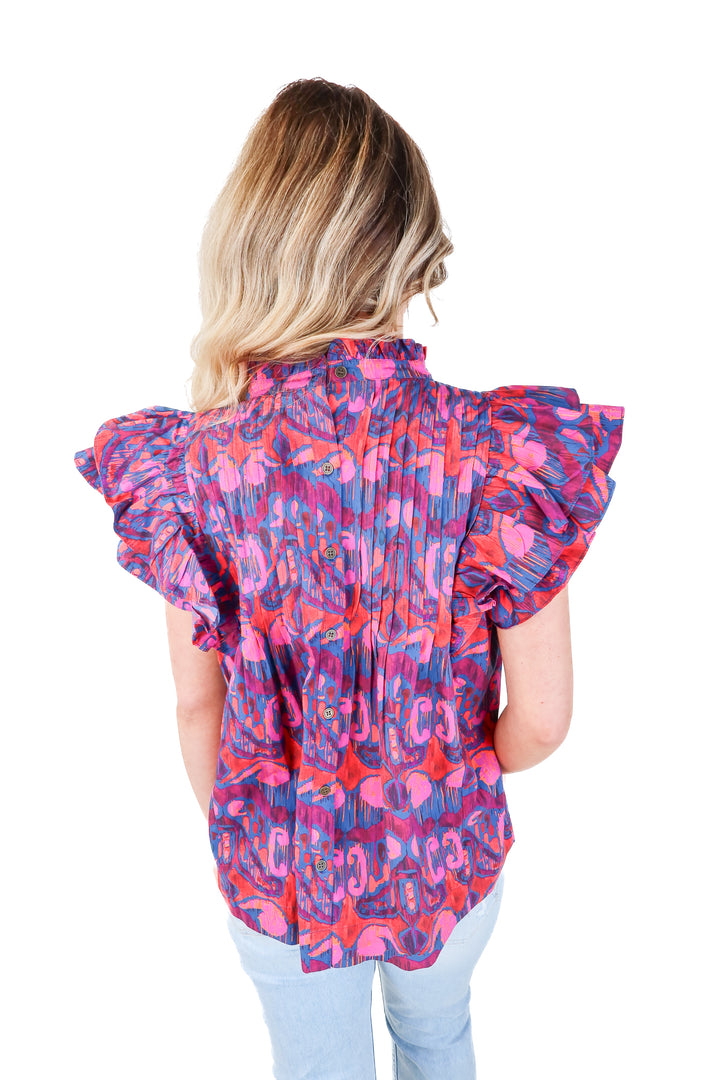 oliphant purple ruffle mockneck blouse (s)