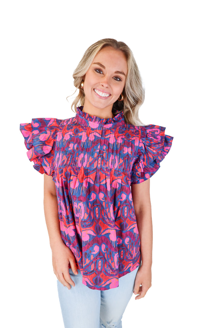 oliphant purple ruffle mockneck blouse (s)